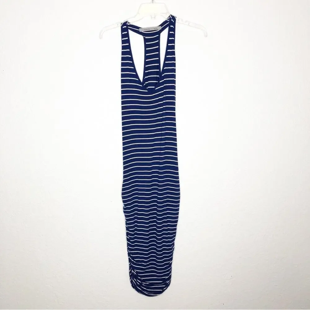 Athleta blue white striped ruched skirt racerback tank midi dress size Medium